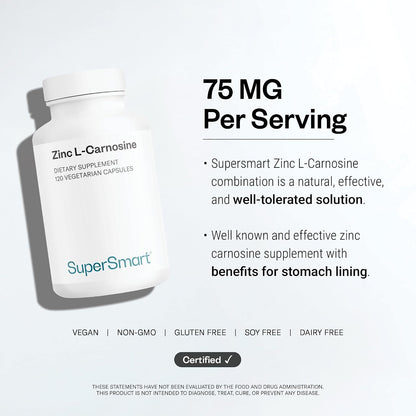 SuperSmart - Zinc L-Carnosine 75mg per Day (Well-Tolerated) - Zinc Carnosine Supplement | Non-GMO & Gluten Free - 120 Vegetarian Capsules