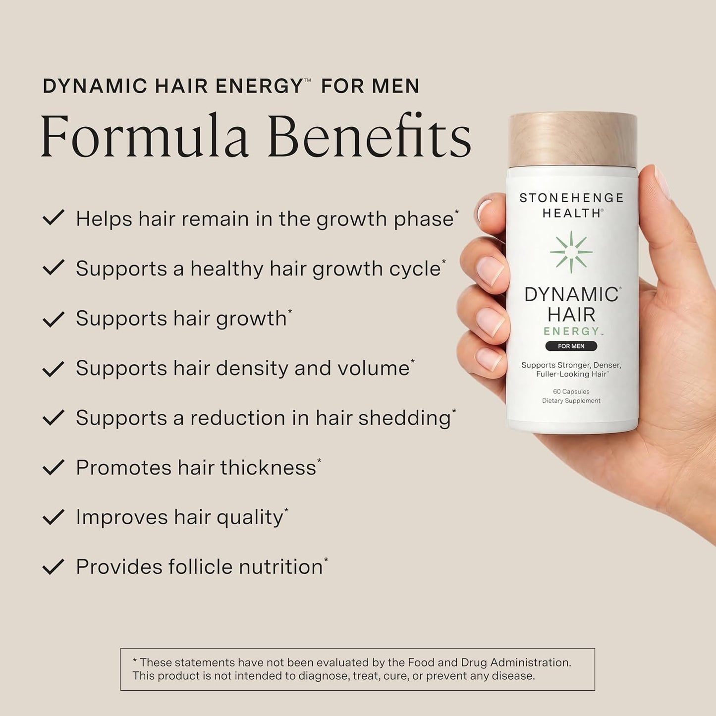 Stonehenge Health Dynamic Hair Energy for Men – Hair Growth Supplement with Saw Palmetto, Spermidine, Biotin & Tocotrienols – Supports Thicker, Denser, Fuller-Looking Hair – 60 Vegetarian Capsules