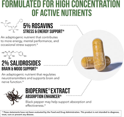 Max Strength Siberian Rhodiola®: Rhodiola Rosea 5% Rosavins, 2% Salidroside & BioPerine® for Enhanced Absorption – Helps Support Stress, Energy & Focus* – Grown in Siberia, DNA Verified (60 Capsules)