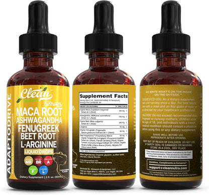 Clean Nutra Organic Maca Root Liquid Drops with Ashwagandha, Fenugreek, Beet Root and L-Arginine Liquid Multivitamin for Women and Men - Adapto Drive