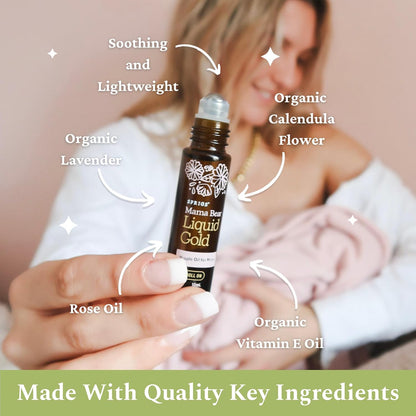 SPRIGS Liquid Gold Nipple Oil, 10ml | Breastfeeding Essentials for Moms | Soothing Organic Calendula, Rose & Lavender Essential Oils Care for Sore Nipples | Mess-Free Roller | Fully Dry Before Nursing