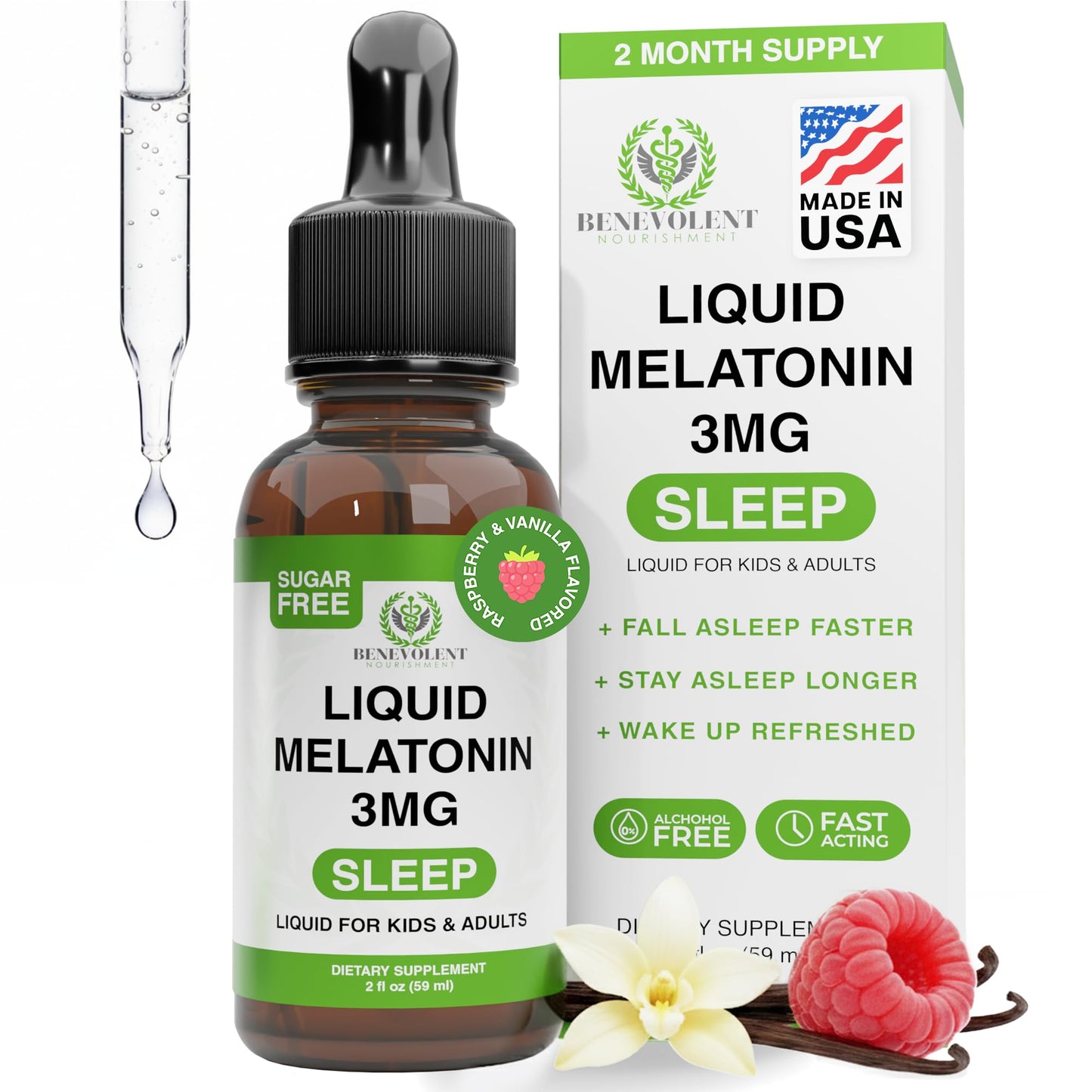 Benevolent Liquid Melatonin Drops for Adults and Kids 3mg - Fast-Acting Sleep Drops to Fall Asleep Faster & Longer - Non-GMO & Made in USA - Berry Vanilla Flavor, 2 Month Supply