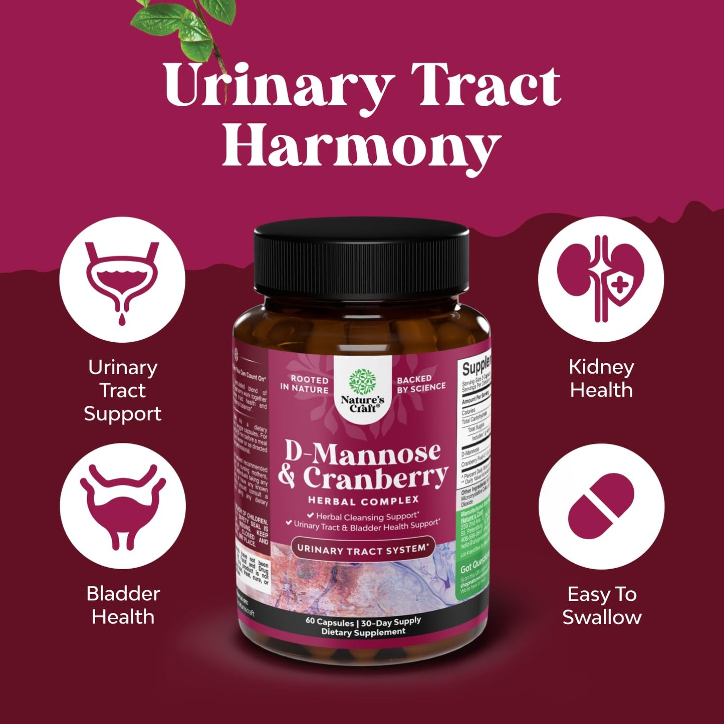 D Mannose with Cranberry Supplement - Potent D Mannose 1000mg Capsules for Kidney Defense Support & Cleanse and Urinary Tract Health for Women & Men - Bladder Health Supplement for Adults - 60 Count