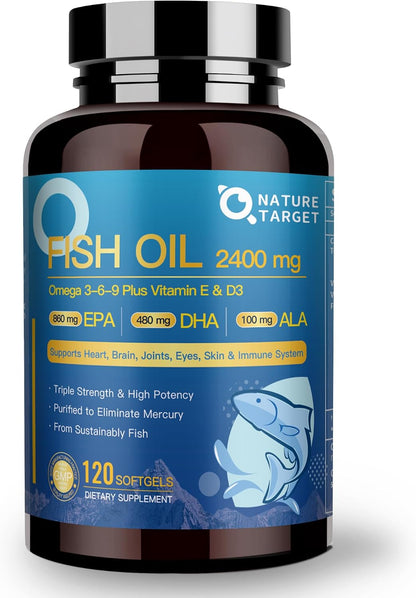 NATURE TARGET Triple Omega 3 6 9 Fish Oil 2400mg, 120Softgels | Vitamin D3 & E, EPA & DHA & ALA, Supports Heart, Brain, Joint & Immune Health, Sustainably Sourced, Non-GMO