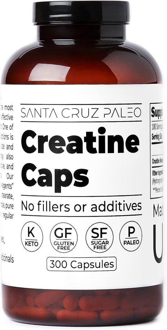 Santa Cruz Paleo Creatine Capsules, Supports Muscle Growth & Energy, Gluten Free, Keto, Sugar Free, Paleo, No Fillers or Additives, Creatine Monohydrate Pills, 2500mg, 100 Servings, 300 Capsules