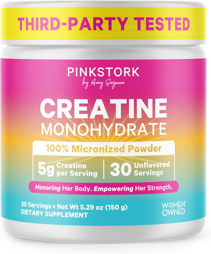 Pink Stork Creatine Monohydrate for Women, 5g, 30 Servings | Micronized Creatine Powder, Unflavored, Supports Muscle Health, Energy, Cognitive Function, Alternative to Pills or Gummies
