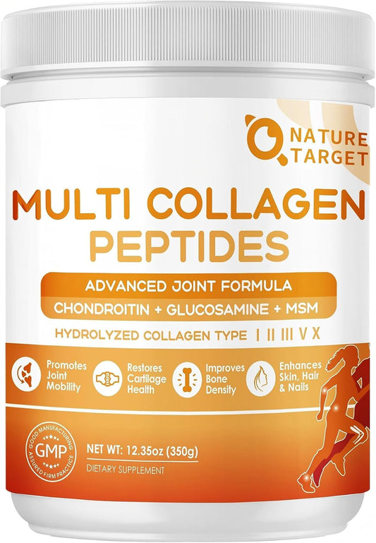 NATURE TARGET Multi Collagen Peptides Powder for Women Men, 35 Servings | Hydrolyzed Collagen Types I II III V X with Hyaluronic Acid & MSM for Skin, Hair, Nails & Joint, Non-GMO