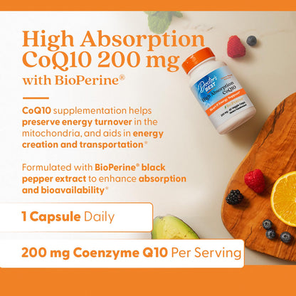 Doctor's Best High Absorption CoQ10 200mg with BioPerine Supplement - Coenzyme Q10 Caps for Heart Health & Antioxidant Support, CoQ10 200 mg for Women & Men, Non GMO - 60 Veg Capsules