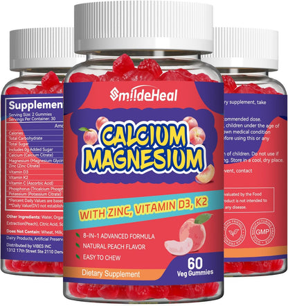 Calcium Magnesium Gummies 600MG, Calcium Magnesium Zinc Gummies with Vitamin D3 - High Absorption Complex Calcium Supplement, Vegan, 60 Counts