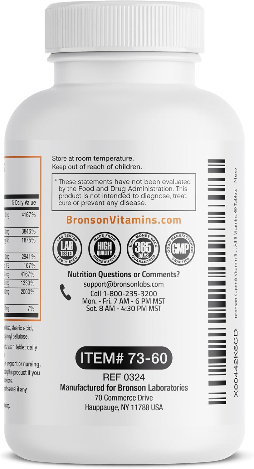 Bronson Super B Vitamin B Complex Sustained Release for Energy, 60 Tablets | B1, B2, B3, B6, Folic Acid, B12, Biotin & Pantothenic Acid, One-Tablet Formula, Non-GMO, Gluten-Free & Soy-Free