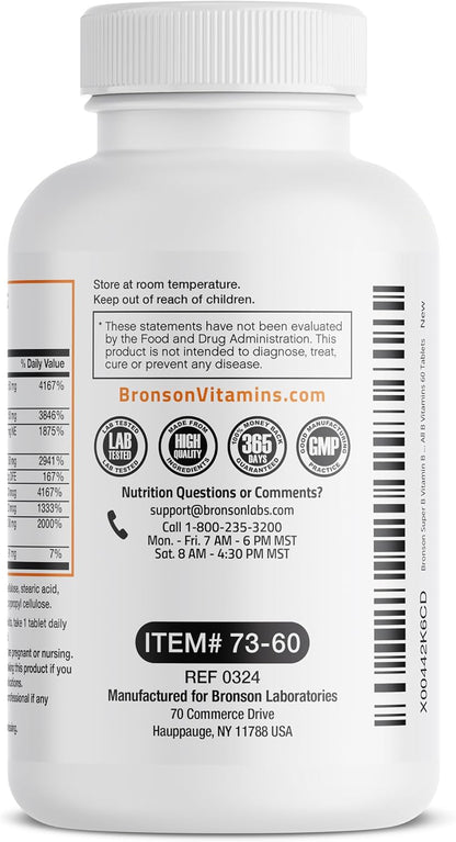 Bronson Super B Vitamin B Complex Sustained Release for Energy, 60 Tablets | B1, B2, B3, B6, Folic Acid, B12, Biotin & Pantothenic Acid, One-Tablet Formula, Non-GMO, Gluten-Free & Soy-Free