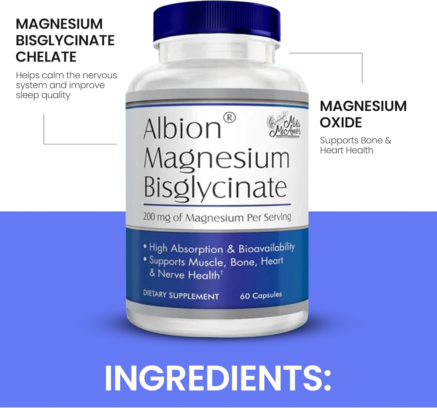 MilaMiAmor Albion® Magnesium Bisglycinate – Highly Absorbable Chelated Magnesium for Muscle, Nerve, Relaxation & Sleep Support – Gentle on Stomach, Vegan – 200mg per Serving, 60 Capsules