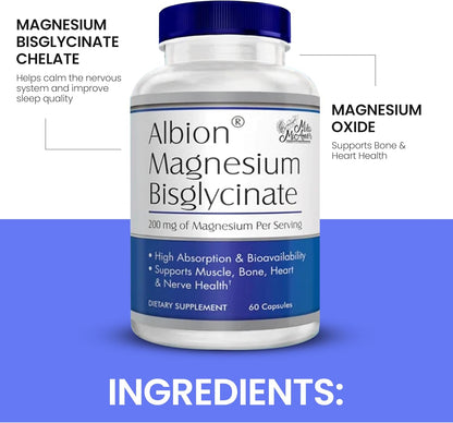 MilaMiAmor Albion® Magnesium Bisglycinate – Highly Absorbable Chelated Magnesium for Muscle, Nerve, Relaxation & Sleep Support – Gentle on Stomach, Vegan – 200mg per Serving, 60 Capsules