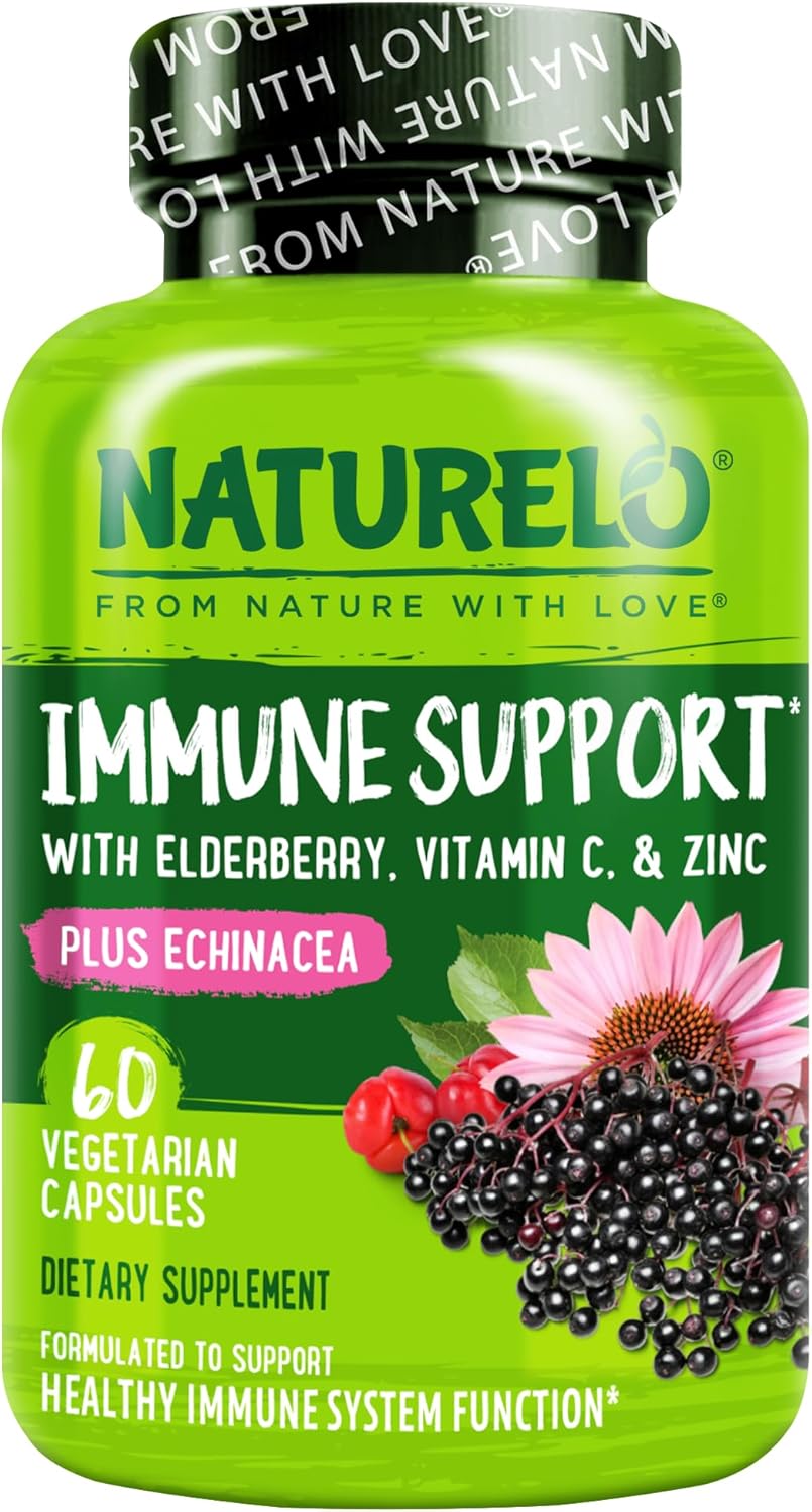 NATURELO Immune Support – Vitamin C, Elderberry, Zinc, Echinacea – Natural Immunity Boost w/Antioxidant, Herbal & Mineral Defense - 60 Vegan Capsules