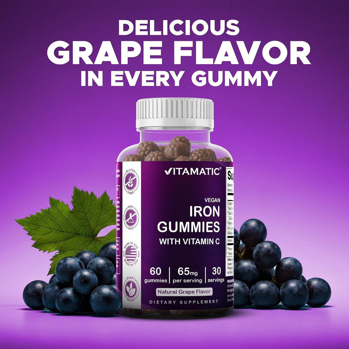 Vitamatic Iron 65 mg with Vitamin C - 60 Vegan Gummies, Made in USA | 65 mg Iron Per Serving, Natural Grape Flavor, Pectin Based, Gluten Free, Non-GMO