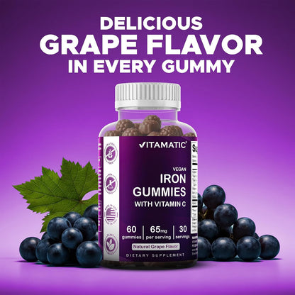 Vitamatic Iron 65 mg with Vitamin C - 60 Vegan Gummies, Made in USA | 65 mg Iron Per Serving, Natural Grape Flavor, Pectin Based, Gluten Free, Non-GMO