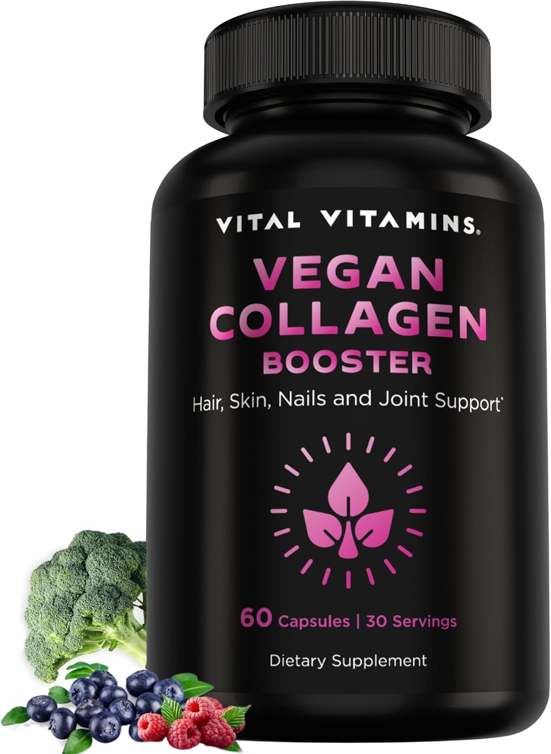 Vital Vitamins Vegan Collagen Booster Supplements, 60 Capsules | Supports Skin, Hair, Nails & Joints, Formulated with 30+ Superfoods, Hyaluronic Acid, Silica & Vitamin A, Non-GMO