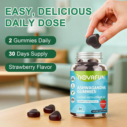 Ashwagandha Gummies with Vitamin D2, 3000mg Ashwagandha for Stress Relief and Immune Support, Vegetarian & Gluten-Free, Strawberry Flavor, 60 Count