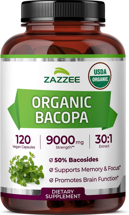 Zazzee USDA Organic Bacopa 30:1 Extract, 50% Bacosides, 120 Vegan Capsules, 4 Month Supply, Bacopa Monnieri, Cognitive, Brain & Memory Support, Non-GMO, Organic Herbal Supplement, Made in the USA