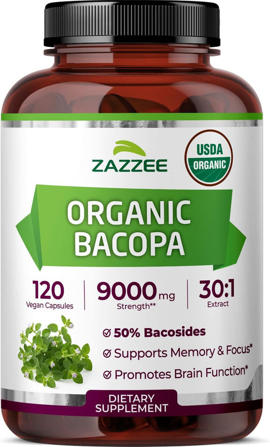 Zazzee USDA Organic Bacopa 30:1 Extract, 50% Bacosides, 120 Vegan Capsules, 4 Month Supply, Bacopa Monnieri, Cognitive, Brain & Memory Support, Non-GMO, Organic Herbal Supplement, Made in the USA