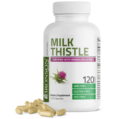Bronson Milk Thistle Silymarin Marianum & Dandelion Extract, 120 Capsules | 2-in-1 Liver Cleanse, Health, Detox & Antioxidant Support, Non-GMO, Gluten-Free, Soy-Free