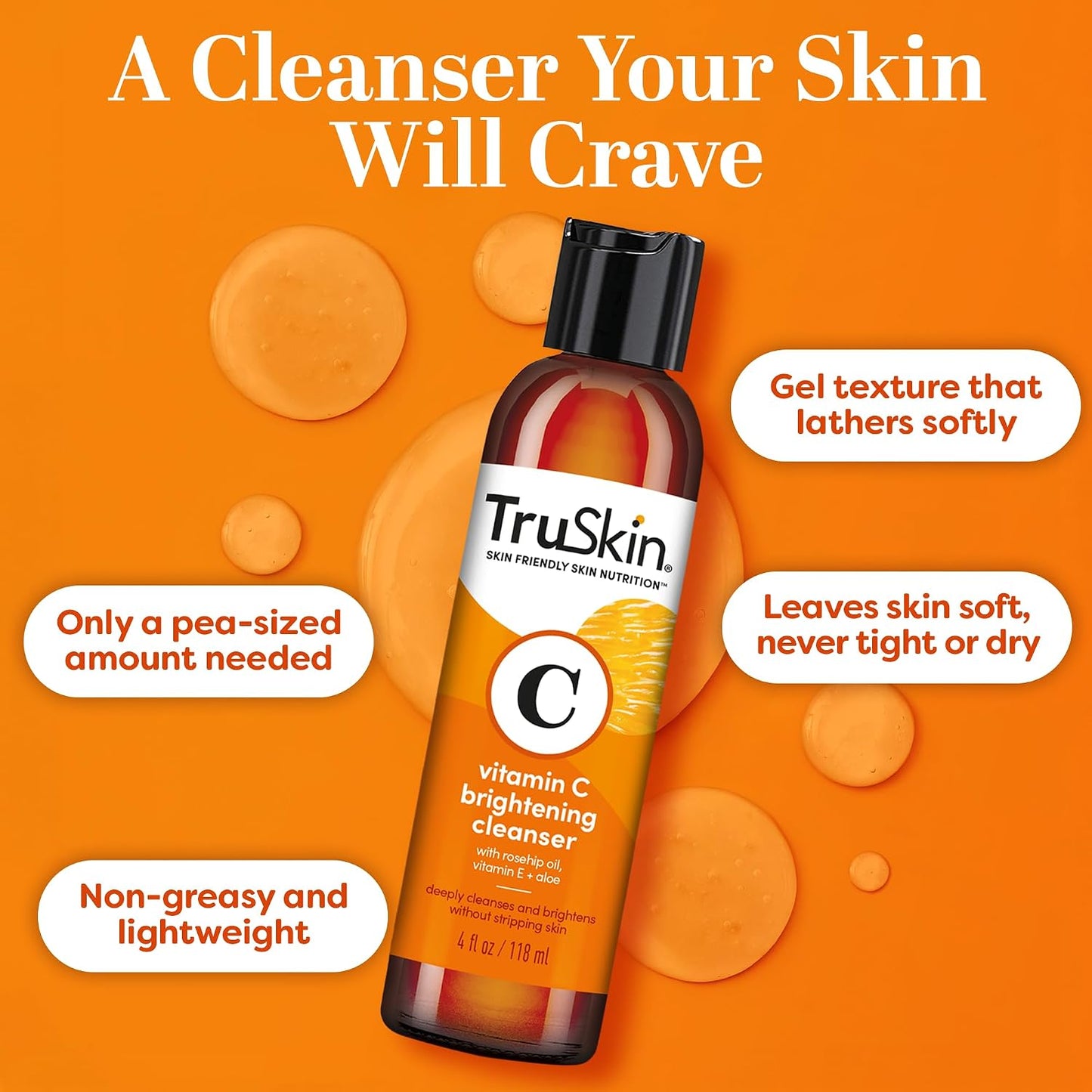 TruSkin Vitamin C Brightening Face Wash with Rosehip Oil, 4 fl oz | Vitamins C & E, Aloe Vera and MSM gently cleanse, refresh and support radiant-looking skin without over-drying