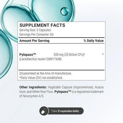 Supersmart H. Pylori Formula 20 Billion CFU per Day - Natural Probiotic Lactobacillus Reuteri DSM 17648 Supplement | Non-GMO & Gluten Free - 60 Vegetarian Capsules
