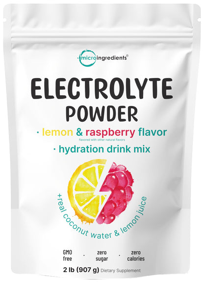 Micro Ingredients Electrolytes Powder, 2lbs (139 Servings) | Sugar Free | Lemon Raspberry Flavor | High Potassium (1,000mg) + Coconut Water & Real Lemon Juice | Keto Friendly, Non-GMO