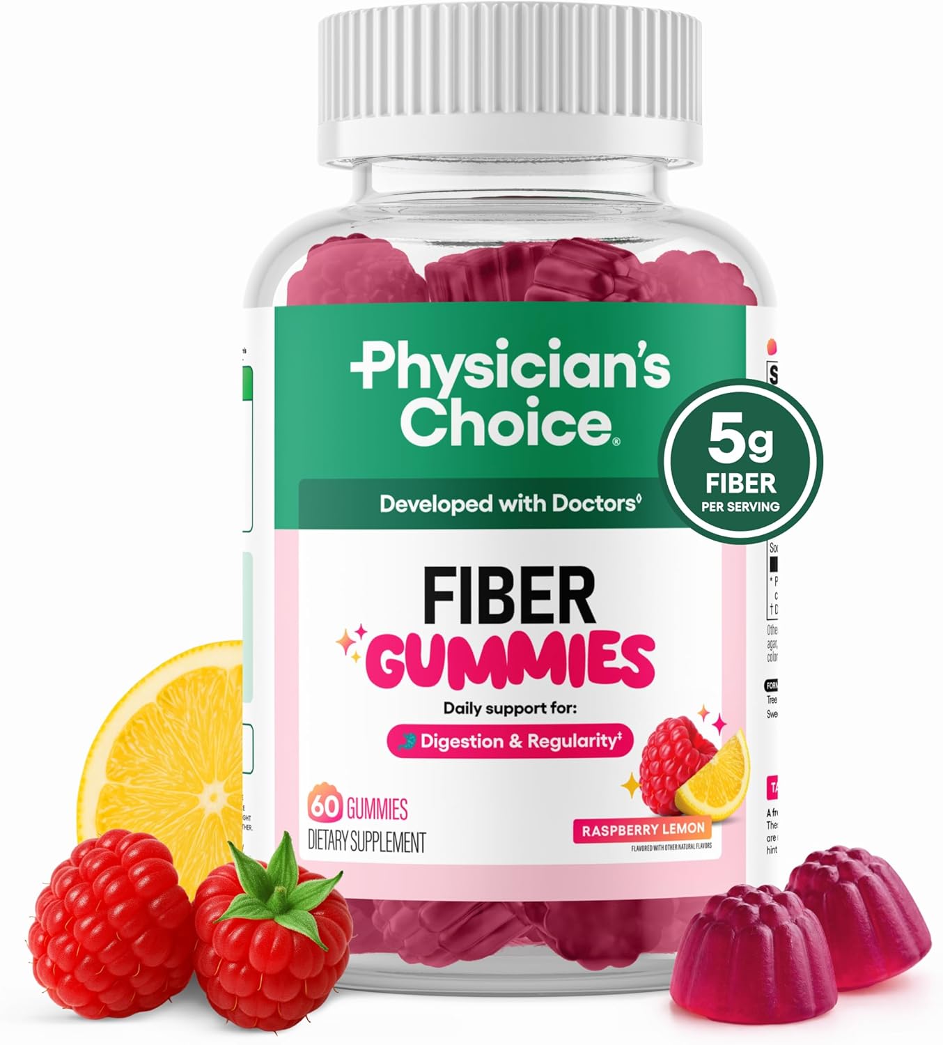 Physician's CHOICE Fiber Gummies for GLP-1 Support - No Sugar Added & Vegan - Raspberry Lemon - Natural Chicory Root Prebiotic Fiber Gummy - Digestive Health & Regularity for Women & Men - 60CT