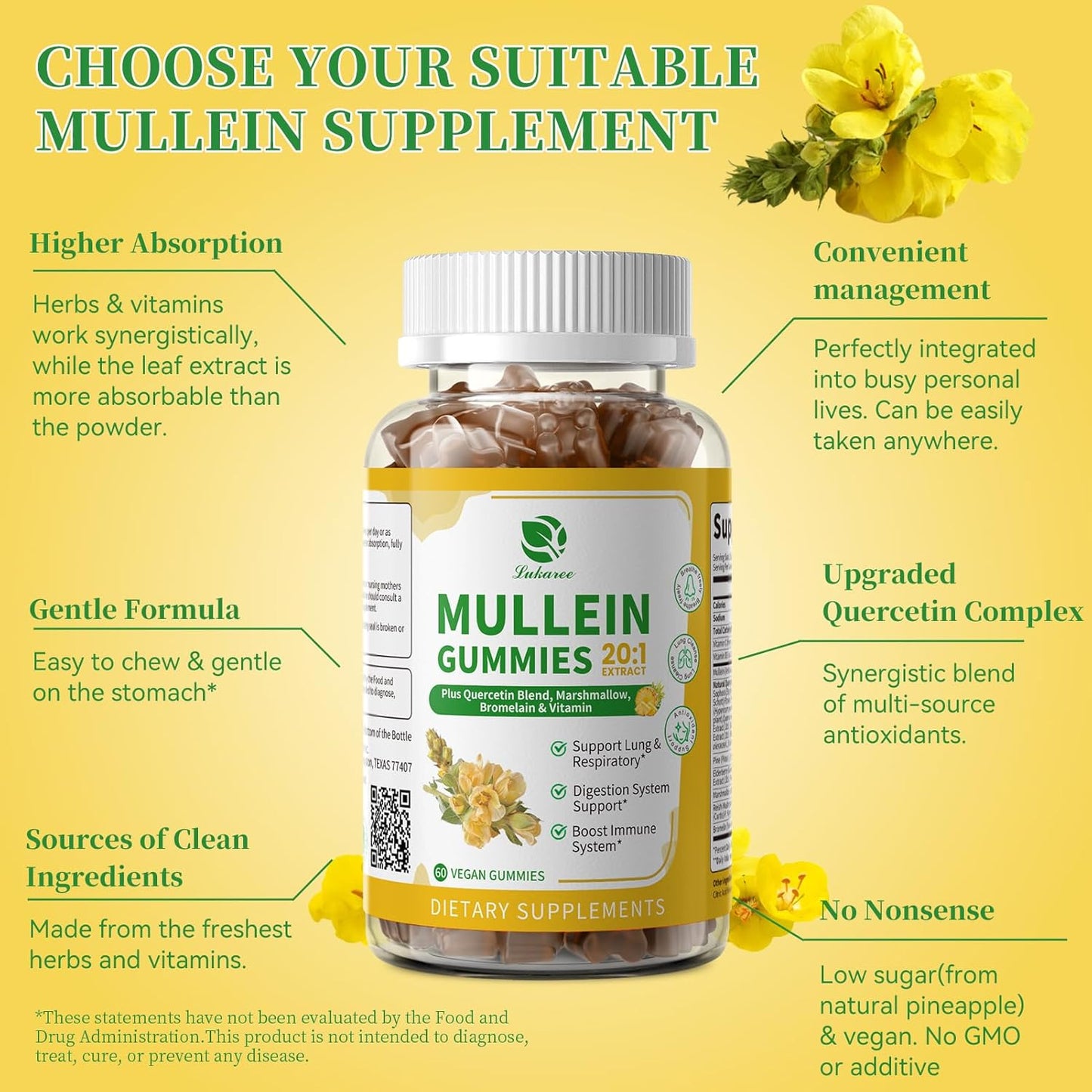 (2 Pack) Mullein Gummies for Lung Cleanse & Lymphatic Drainage* -120 Count | Extra Strength Mullein Leaf Extract w/Quercetin, Elderberry & Marshmallow for Respiratory & Immunity - for Women & Men-Vegan