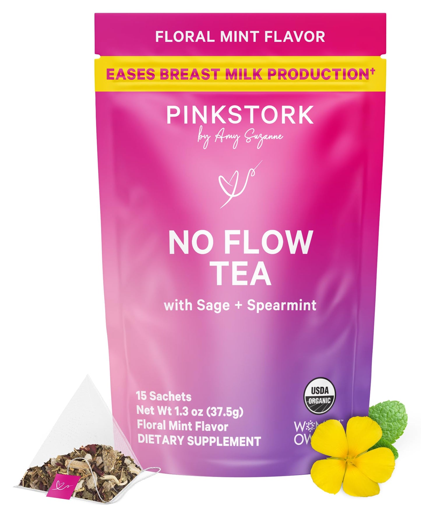 Pink Stork No Flow Organic Sage Tea, Floral Mint Flavor, 15 Sachets | Dry Up Breast Milk Supply, Ease Milk Production, Wean Lactation Naturally, Hot or Iced, Postpartum Essentials