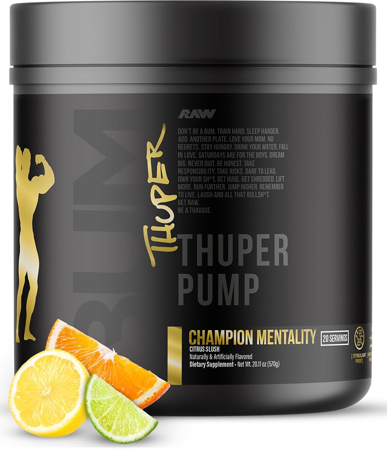 RAW Thuper Pump Stim Free Pre Workout Powder - High-Dosage Caffeine-Free Pre Workout for Max Muscle Pumps & Strength Building - Non-Stimulant Preworkout with Creatine - 20 Servings, Champion Mentality