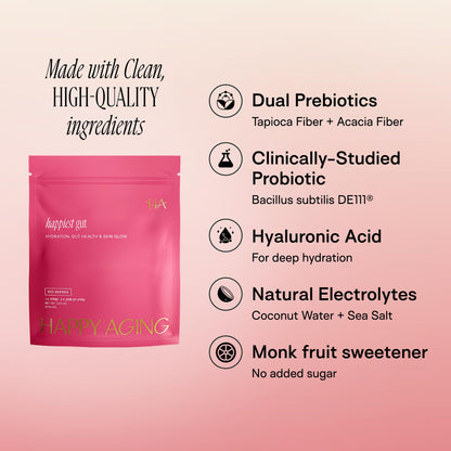 Happy Aging Electrolytes Powder Packets for Women - Sugar Free Hydration & Gut Health with Hyaluronic Acid & Bacillus Subtilis DE111 Probiotics - Dual Prebiotic System for Skin Beauty