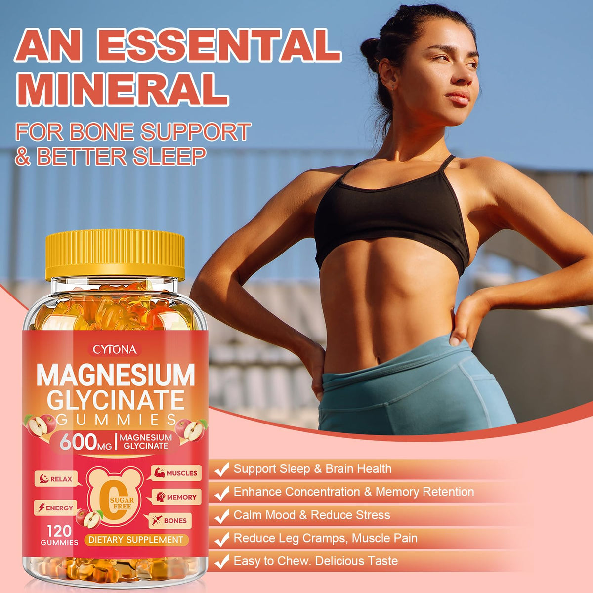 Magnesium Glycinate Gummies 600mg, Sugar Free Magnesium Gummies for Adults
