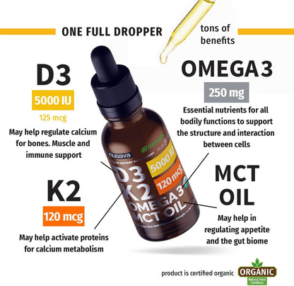 NUSAVA Unflavored D3 K2 Liquid Drops and Vanilla Flavored D3 K2 Liquid Drops Bundle - Potent Liquid Vitamins for Heart, Joint, Bone, Muscle, & Immune Support - Non-GMO, Gluten-Free, 2pk Each