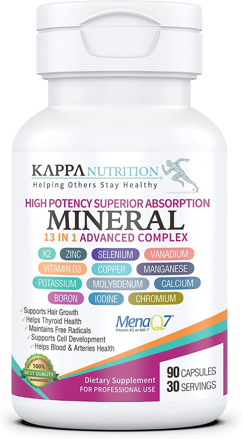 KAPPA NUTRITION Mineral 13 in 1 Advanced Complex with Albion® Chelated Minerals & MenaQ7® MK-7 Vitamin K2 | Calcium, Zinc, Selenium, Chromium, Iodine & Trace Minerals | 90 Vegan Capsules