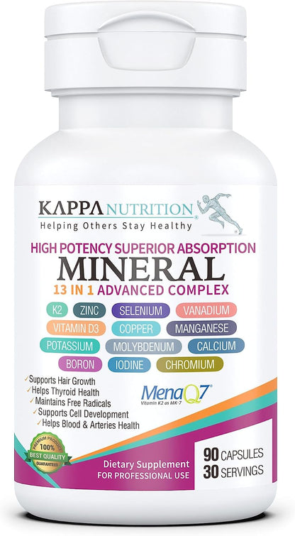 KAPPA NUTRITION Mineral 13 in 1 Advanced Complex with Albion® Chelated Minerals & MenaQ7® MK-7 Vitamin K2 | Calcium, Zinc, Selenium, Chromium, Iodine & Trace Minerals | 90 Vegan Capsules