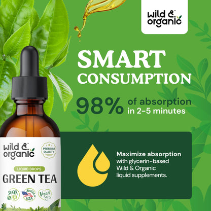 Wild & Organic Green Tea Extract Liquid Drops - Antioxidant Support - Pure Green Tea Supplement - 84-Day Supply - Vegan, Sugar & Alcohol-Free Camellia Sinensis Tincture - 4 fl oz