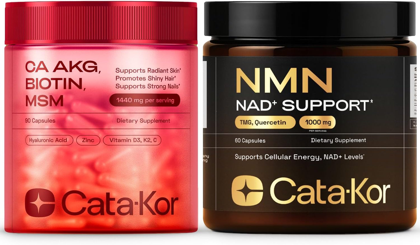 Cata-Kor NMN Supplement 1000mg & Calcium AKG Complex - NAD+ Supporing Supplement with TMG, Quercetin & MSM, Hyaluronic Acid & Biotin Collagen Support Beauty Complex