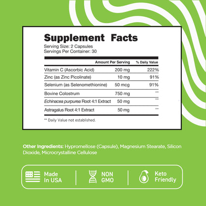 Vital Vitamins Colostrum Supplement, 30% IgG, Grass-Fed Bovine, 60 Capsules | Supports Immune Defense & Gut Health, Colostrum with Vitamin C, Zinc, & Selenium, Non-GMO