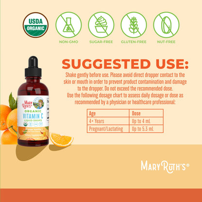 MARYRUTH'S USDA Organic Kids Vitamin C Drops Vegan Vitamin C Immune Support Supplement for Ages 4-13 | Immune Support & Overall Health | Vitamin C from Organic Acerola Fruit Extract | 2oz