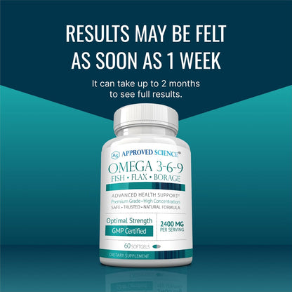 Approved Science Omega 3-6-9-2400mg Daily Blend of Fish, Flaxseed, and Borage Oils with Vitamin E - Wellness Support - Non-GMO, Mercury-Free - 60 Softgels - 1 Month Supply