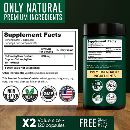 Chlorophyll Capsules 600 mg - Natural Chlorophyll Pills for Women & Men - Highly BioAvailable