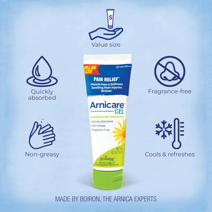 Boiron Arnicare Gel 4.2 oz (Twin Pack) for Joint Pain Relief, Muscle Pain, Muscle Soreness, and Swelling from Bruises or Injury - Non-Greasy and Fragrance-Free Arnica