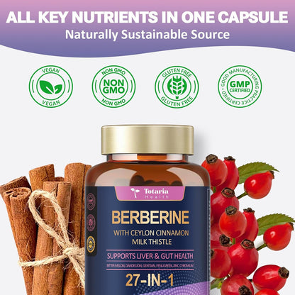 Berberine Supplement with Ceylon Cinnamon, Milk Thistle - GLP-1 Supplement GLP Activate Natural Formula, Berberine Plus for Liver & Gut Health, Immunity, Better Figure, Men & Women - 120 Vegan Caps