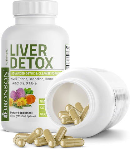 Bronson Liver Detox Advanced Detox & Cleansing Formula 60 Capsules | Liver Health Support with Milk Thistle, Dandelion Extract, Turmeric, Artichoke Leaf & Beet Root, Non-GMO, Soy-Free