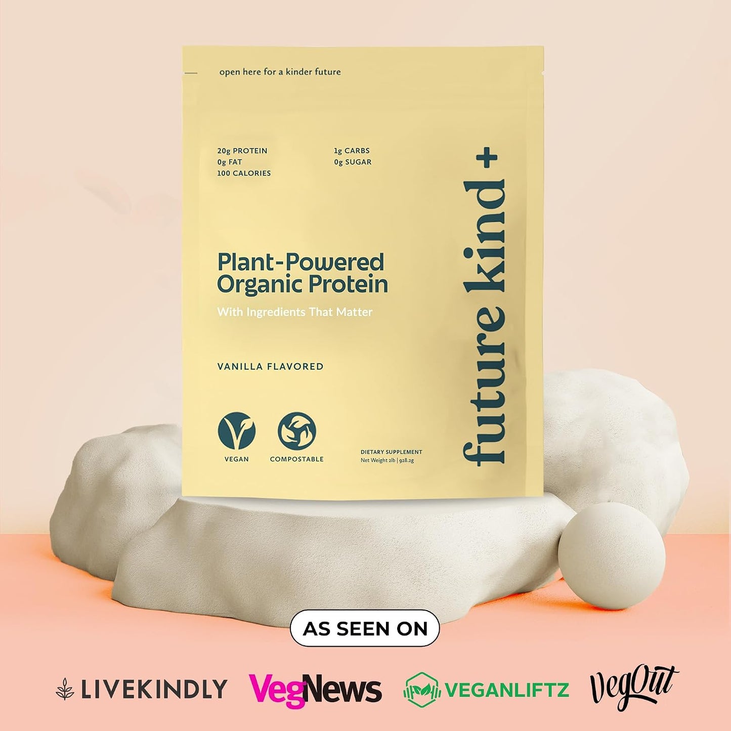 Future Kind Vegan Protein Powder, Vanilla, Pea Plant Protein for Lean Muscle with Iron & Fiber, Whey-Free, Sugar-Free, Soy-Free, Non-Dairy (34 Servings)