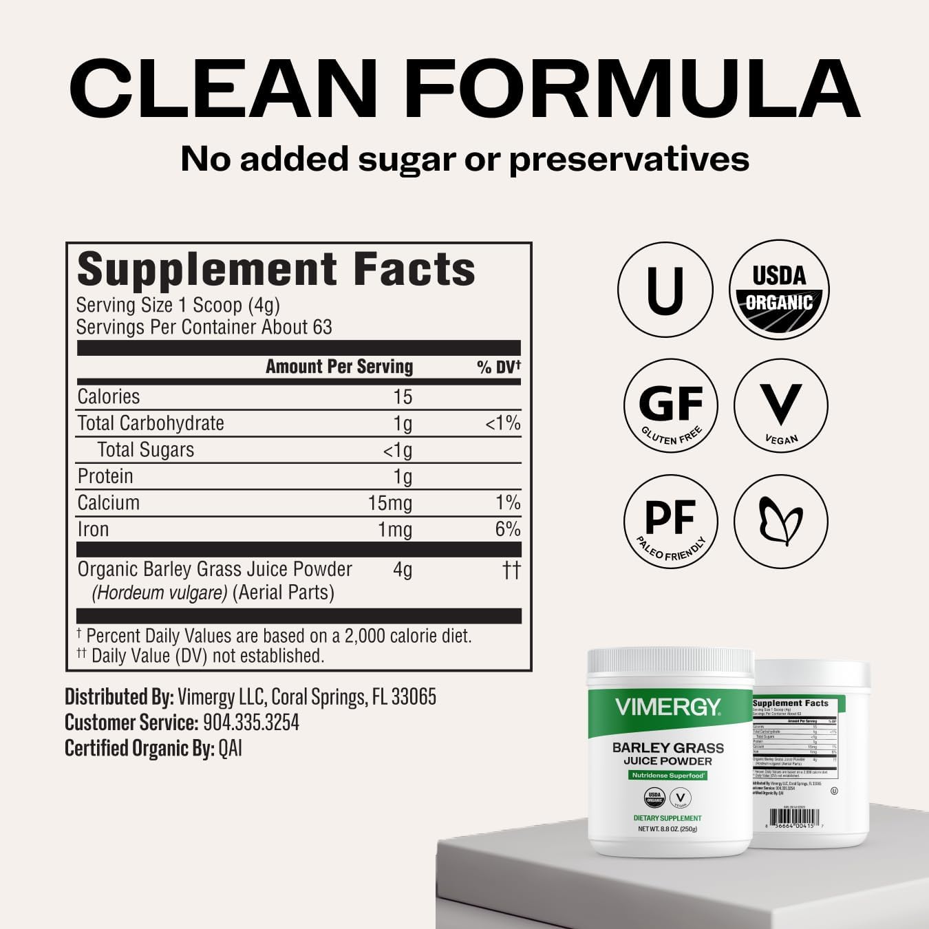 Vimergy Barley Grass Juice Powder Dietary Supplement - 4g per Serving (62 Servings) – Clean Superfood – Promotes Cardiovascular Health* – Organic, Vegan & Gluten-Free – Regular Size 250g