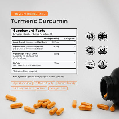 Turmeric Curcumin - 2,256 mg Complex with Ginger & Black Pepper Extract - 95% Curcuminoids - Extra Strength Turmeric Supplement for Joint Health, Brain, Heart & Immune Support - 180 Turmeric Capsules