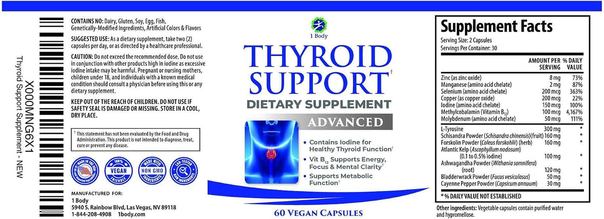 1 Body Thyroid Support for Women & Men, Iodine & Selenium Supplement